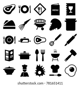 Cook icons. set of 25 editable filled cook icons such as beef, spoon and fork, plate fork and spoon, bbq, chef, restaurant, chef hat, menu, chef hat and spoon, corolla