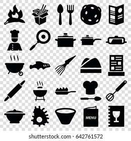 Cook icons set. set of 25 cook filled icons such as chili, pan, spoon and fork, noodles fast food, chef, chef hat, menu, chef hat and spoon, corolla, bowl, dough pin, pan-fry