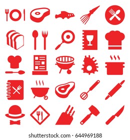 Cook icons set. set of 25 cook filled icons such as beef, bread slices, spoon and fork, bbq, plate fork and spoon, chef hat, restaurant, menu, corolla, dough pin, knife, pan