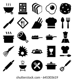 Cook icons set. set of 25 cook filled icons such as beef, pan, spoon and fork, bread slices, chef, chef hat, restaurant, menu, chef hat and spoon, corolla, dough pin, pan-fry