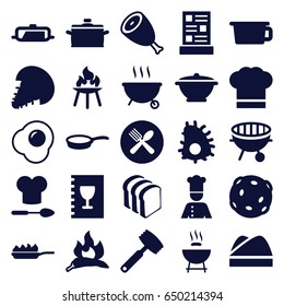 Cook icons set. set of 25 cook filled icons such as beef, chili, pan, bread slices, spoon and fork, bbq, chef, chef hat, menu, chef hat and spoon, pan-fry, knife, egg