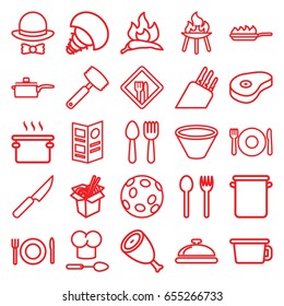 Cook icons set. set of 25 cook outline icons such as spoon and fork, plate fork and spoon, dish, beef, chili, noodles fast food, restaurant, menu, bowl, pan, pan-fry, knife