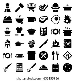 Cook icons set. set of 36 cook filled icons such as beef, chili, pan, spoon and fork, plate fork and spoon, dish, noodles fast food, bbq, chef, restaurant, chef hat, menu