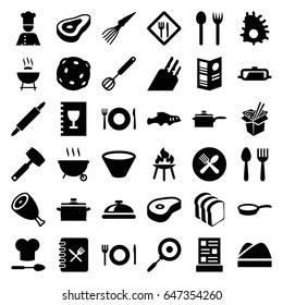 Cook icons set. set of 36 cook filled icons such as beef, pan, spoon and fork, plate fork and spoon, dish, noodles fast food, bread slices, chef, restaurant, chef hat, menu