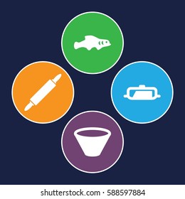 cook icons set. Set of 4 cook filled icons such as pan, bowl, dough pin