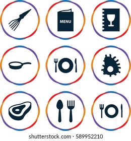 cook icons set. Set of 9 cook filled icons such as beef, spoon and fork, plate fork and spoon, menu, pan