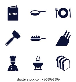 Cook icons set. set of 9 cook filled icons such as plate fork and spoon, bread slices, chef, menu, pan, pan-fry, knife