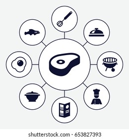 Cook icons set. set of 9 cook filled icons such as dish, beef, bbq, chef, menu, corolla, pan, egg