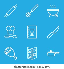 cook icons set. Set of 9 cook outline icons such as beef, menu, chef hat and spoon, corolla, dough pin, pan, knife