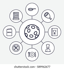 cook icons set. Set of 9 cook outline icons such as plate fork and spoon, beef, spoon and fork, chef, menu, pan