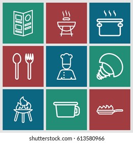 Cook icons set. set of 9 cook outline icons such as chef, menu, pan-fry, bbq, extinct sea creature, barbeque, pan, pot