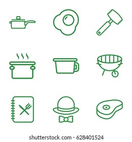 Cook icons set. set of 9 cook outline icons such as beef, bbq, menu, hat and bow, pan, knife, egg