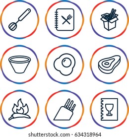 Cook icons set. set of 9 cook outline icons such as beef, chili, noodles fast food, menu, corolla, bowl, knife