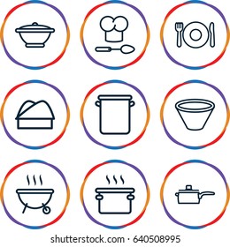 Cook icons set. set of 9 cook outline icons such as plate fork and spoon, chef hat, chef hat and spoon, bowl, pan