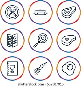 Cook icons set. set of 9 cook outline icons such as beef, pan, spoon and fork, menu, egg