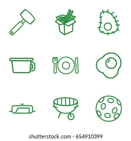 Cook icons set. set of 9 cook outline icons such as plate fork and spoon, pan, noodles fast food, bbq, knife, egg, extinct sea creature