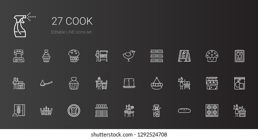 cook icons set. Collection of cook with baguettes, cookies, sauce, crockery, bread, dinner, wheat flour, grill, pot, tandoor, cupcake, spoon. Editable and scalable cook icons.