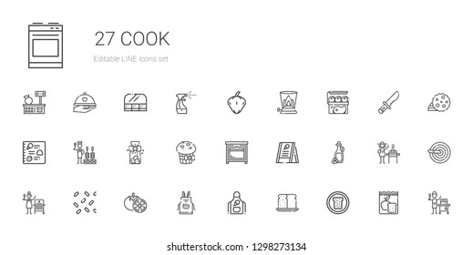 cook icons set. Collection of cook with bread, apron, tomatoes, sprinkles, grill, olive oil, menu, oven, muffin, cookies, churrasco, meat, burner. Editable and scalable cook icons.