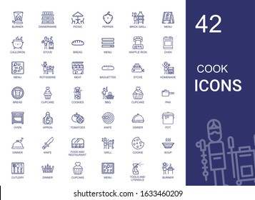 cook icons set. Collection of cook with burner, dinnerware, picnic, pepper, brick grill, menu, cauldron, stove, bread, waffle iron, oven, rotisserie. Editable and scalable cook icons.