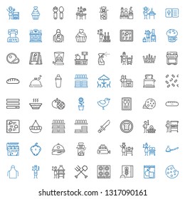 cook icons set. Collection of cook with cookie, meal, wheat flour, stove, fork, brick grill, chef, apron, spoon, grill, rotisserie, cookies. Editable and scalable cook icons.