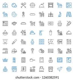 cook icons set. Collection of cook with knife, chicken, stove, toaster, tools and utensils, wheat flour, meat, apron, meal, menu, oven, pan. Editable and scalable cook icons.