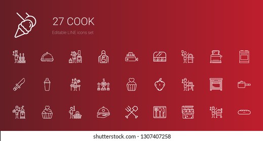 cook icons set. Collection of cook with meat, cutlery, fork, dinner, bbq, cupcake, stove, food and restaurant, pepper, roast, sauce, shaker. Editable and scalable cook icons.