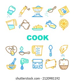 Cook Instruction For Prepare Food Icons Set Vector. Pepper And Salt, Milk And Sugar Add, Adding Olive Oil And Water In Dish, Lemon Juice And Spice Cook Instruction Line. Color Illustrations