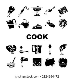 Cook Instruction For Prepare Food Icons Set Vector. Pepper And Salt, Milk And Sugar Add, Adding Olive Oil And Water In Dish, Lemon Juice And Spice Cook Instruction Glyph Pictograms Black Illustrations