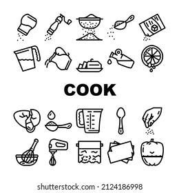 Cook Instruction For Prepare Food Icons Set Vector. Pepper And Salt, Milk And Sugar Add, Adding Olive Oil And Water In Dish, Lemon Juice And Spice Cook Instruction Black Contour Illustrations