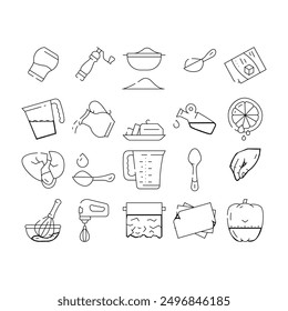 Cook Instruction For Prepare Food Icons Set Vector. Pepper And Salt, Milk And Sugar Add, Adding Olive Oil And Water In Dish, Lemon Juice And Spice Cook Instruction Black Contour Illustrations