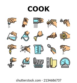 Cook Instruction For Prepare Meal Icons Set Vector. Butter And Milk Add, Salt And Pepper Flavoring, Beater Whisk And Mixer Device Beating, Adding Lemon Juice And Egg Color Illustrations