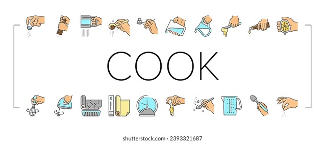 Cook Instruction For Prepare Meal Icons Set Vector. Butter And Milk Add, Salt And Pepper Flavoring, Beater Whisk And Mixer Device Beating, Adding Lemon Juice And Egg Color Illustrations