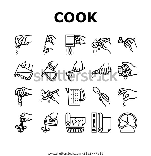Cook Instruction For Prepare Meal Icons Set\
Vector. Butter And Milk Add, Salt And Pepper Flavoring, Beater\
Whisk And Mixer Device Beating, Adding Lemon Juice And Egg Black\
Contour Illustrations