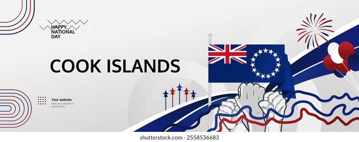 Cook Island National Day greeting banner concept. August 4th is celebrated as Cook Island Independence Day. Vibrant template with flags and raised fists, great for national holiday poster.