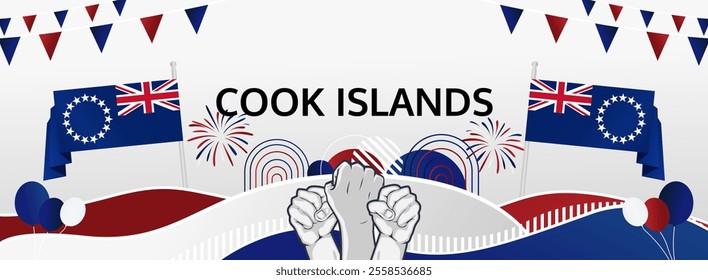 Cook Island National Day greeting banner concept. August 4th is celebrated as Cook Island Independence Day. Vibrant template with flags and raised fists, great for national holiday poster.