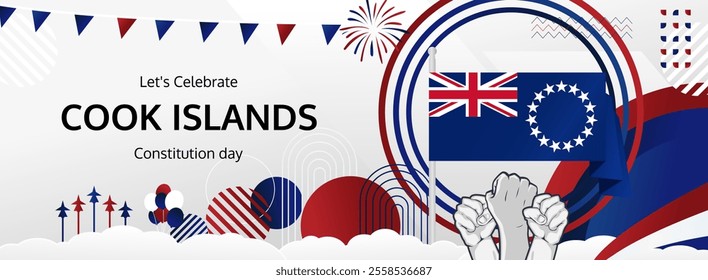 Cook Island National Day greeting banner concept. August 4th is celebrated as Cook Island Independence Day. Vibrant template with flags and raised fists, great for national holiday poster.