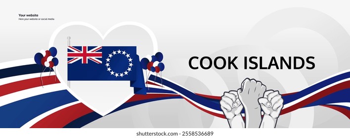 Cook Island National Day greeting banner concept. August 4th is celebrated as Cook Island Independence Day. Vibrant template with flags and raised fists, great for national holiday poster.