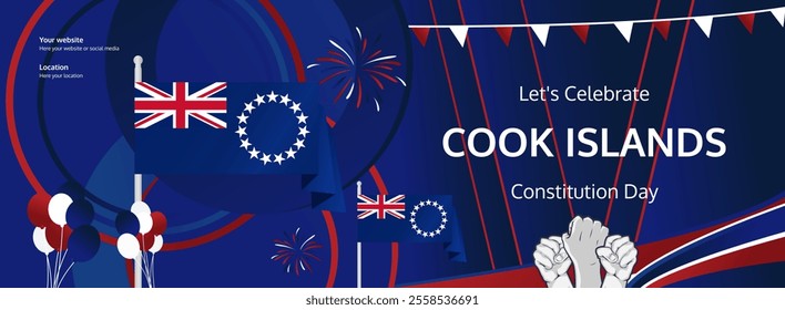 Cook Island National Day greeting banner concept. August 4th is celebrated as Cook Island Independence Day. Vibrant template with flags and raised fists, great for national holiday poster.