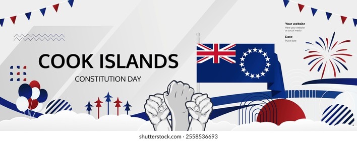 Cook Island National Day greeting banner concept. August 4th is celebrated as Cook Island Independence Day. Vibrant template with flags and raised fists, great for national holiday poster.