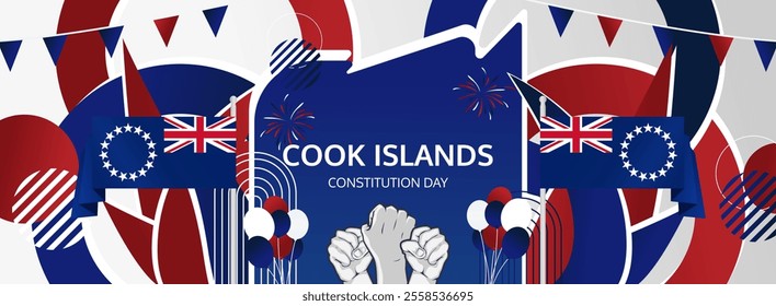 Cook Island National Day greeting banner concept. August 4th is celebrated as Cook Island Independence Day. Vibrant template with flags and raised fists, great for national holiday poster.