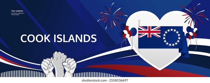 Cook Island National Day greeting banner concept. August 4th is celebrated as Cook Island Independence Day. Vibrant template with flags and raised fists, great for national holiday poster.