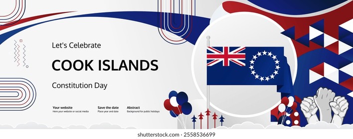 Cook Island National Day greeting banner concept. August 4th is celebrated as Cook Island Independence Day. Vibrant template with flags and raised fists, great for national holiday poster.