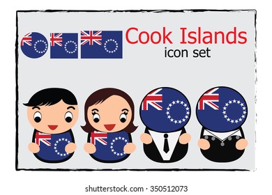 Cook Islands boy, girl, businessman, business women cartoon vector illustration and Cook Islands round, square and normal flag icon set
