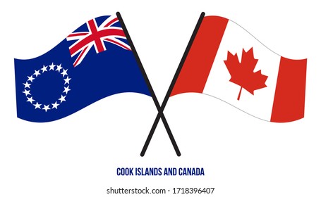 Banderas de las Islas Cook y Canadá Cruzadas y ondeando estilo plano. Proporción oficial. Colores correctos.