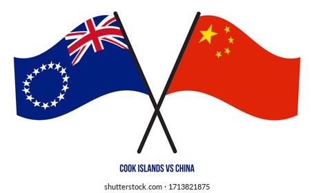 Cook Islands and China Flags Crossed And Waving Flat Style. Official Proportion. Correct Colors.