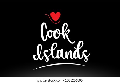 Cook Islands country text with red love heart on black background suitable for a logo icon or typography design