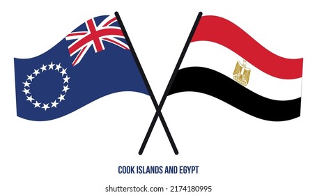 Banderas de las Islas Cook y Egipto cruzadas y ondeando estilo plano. Proporción oficial. Colores correctos.