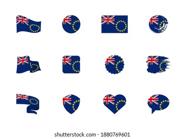 Cook Islands flag - flat collection. Flags of different shaped twelve flat icons. Vector illustration set