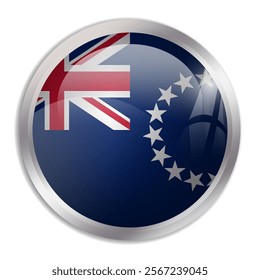 Cook Islands flag - glossy circle button displays a colorful flag representing a country cultural identity and heritage. The essence of national pride and unity.