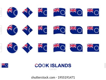 Cook Islands flag set, simple flags of Cook Islands with three different effects. Vector illustration.